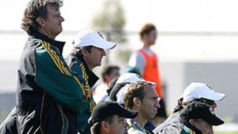 Galaxy coaches and support staff look on at the club's open tryouts.