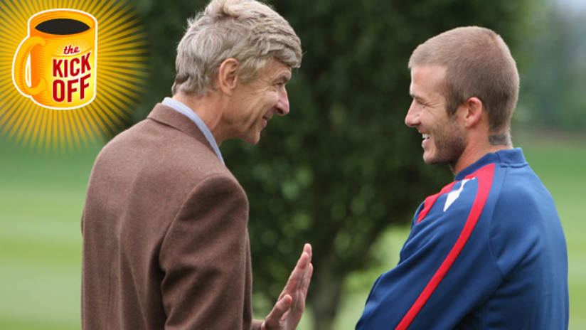 Kick Off: Arsene Wenger speaks with David Beckham.