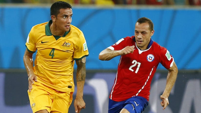 Australia's Tim Cahill and Chile's Marcelo Diaz