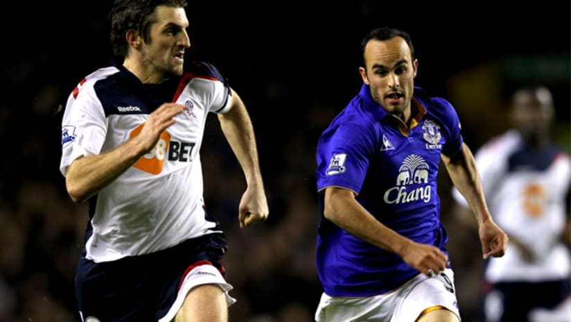 Landon Donovan, in his second loan stint with Everton, attempts to get by Bolton's Samuel Ricketts