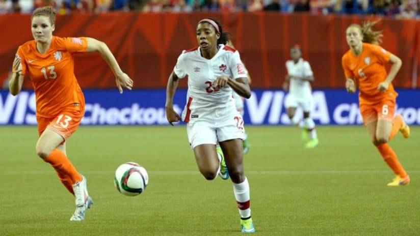 Ashley Lawrence (Canada) in action against the Netherlands, 2015 Women's World Cup