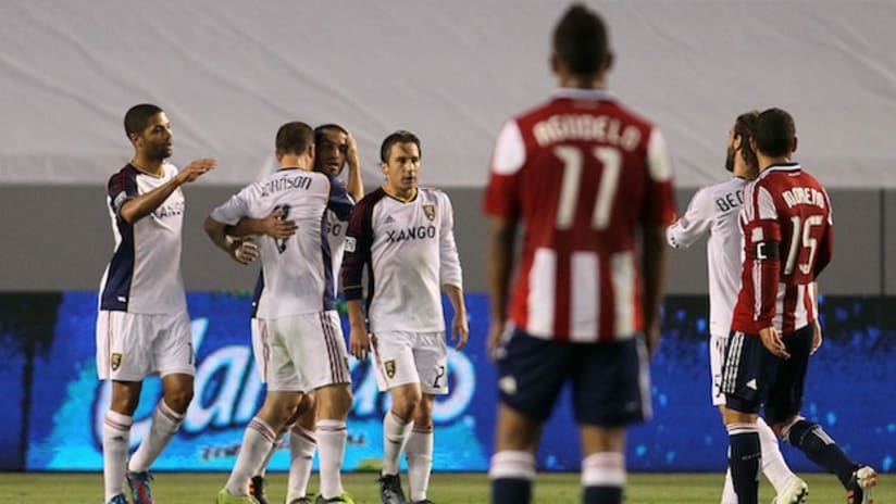 Chivas USA players watch as RSL celebrates Espindola goal