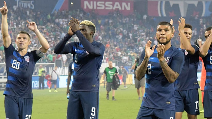 Trapp, Zardes, Yedlin, Green - US national team - applaud fans after Mexico win