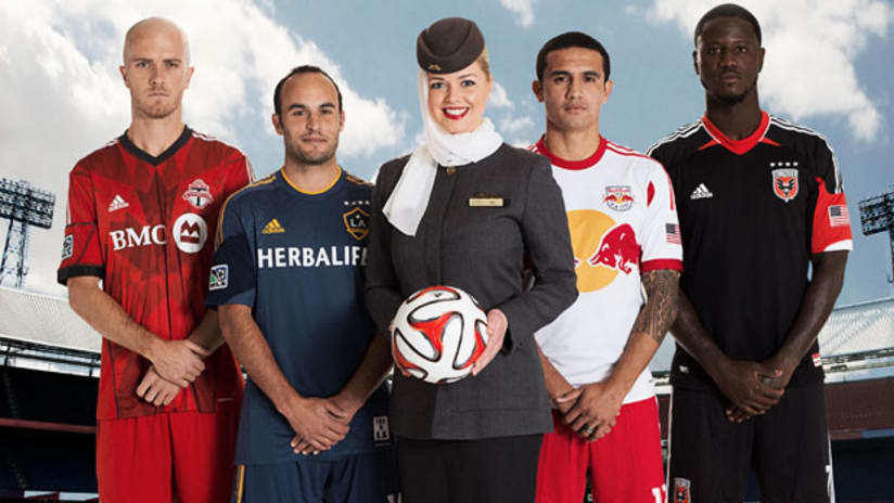 MLS stars Michael Bradly, Landon Donovan, Tim Cahill, and Eddie Johnson with Etihad Airways