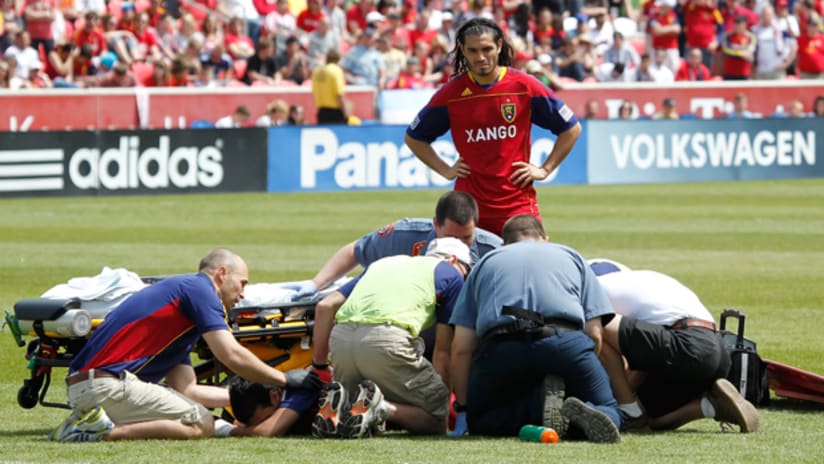 RSL's Javier Morales is treated after breaking his ankle against Chivas USA on May 7.