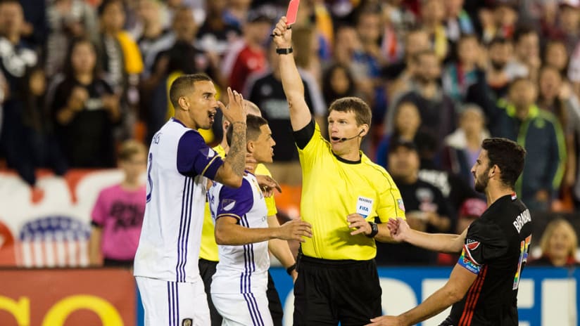 Seb Hines - Orlando City - shown a red card in a game vs. DC United