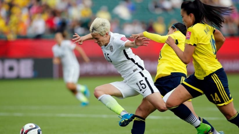 Megan Rapinoe (United States) is brought down by Colombia, 2015 Women's World Cup