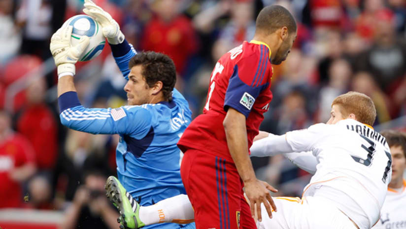 Houston's Tally Hall collects across in a match away to Real Salt Lake.
