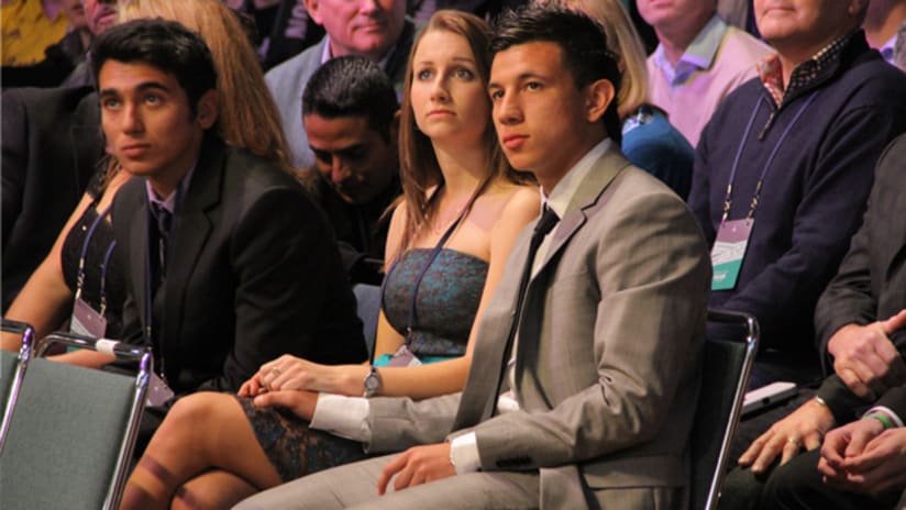 Mikey Lopez and his girlfriend await his selection at the MLS SuperDraft