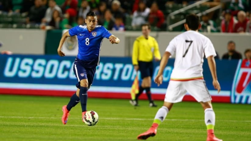 US U-23 national team midfielder Benji Joya on the run against Mexico
