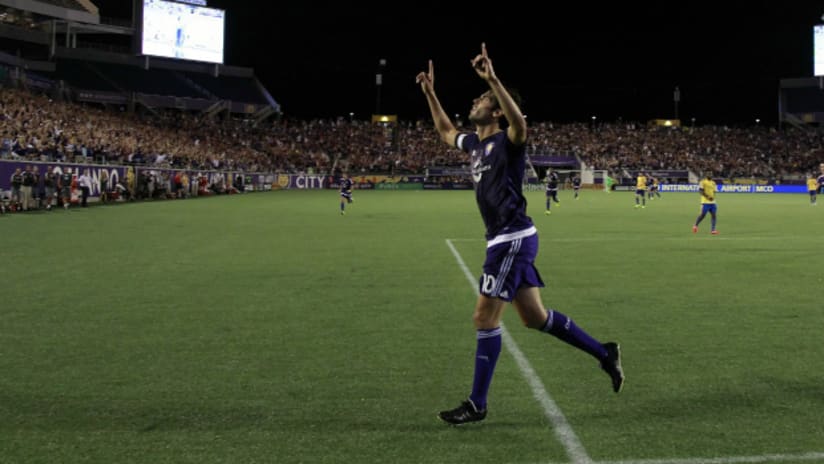 Orlando City SC midfielder Kaka reacts and celebrates after he scored against the Colorado Rapids