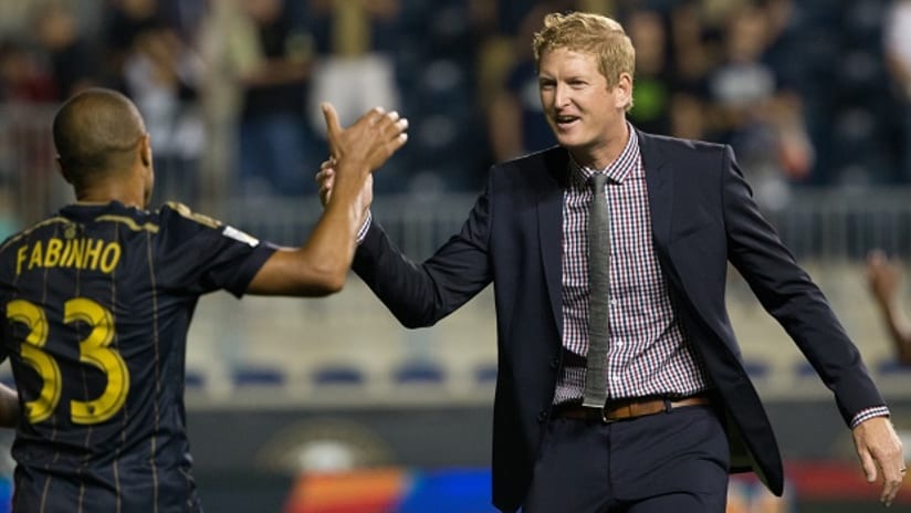 Jim Curtin celebrates with Fabinho after the Philadelphia Union win their US Open Cup semifinal