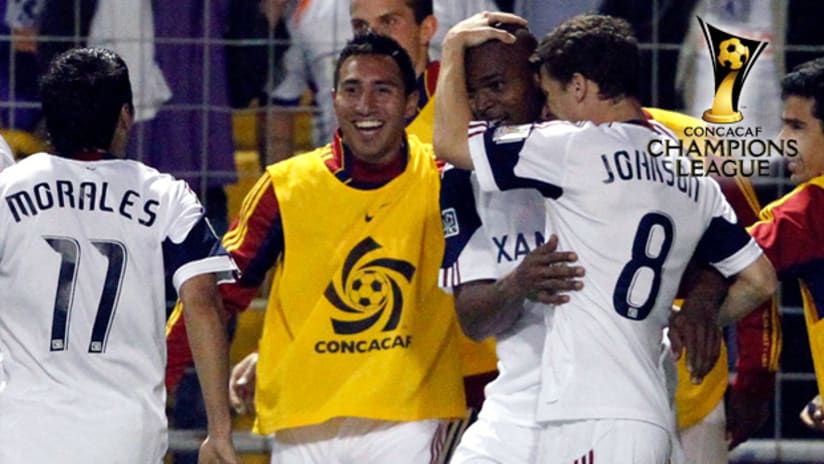 RSL players celebrate Jamison Olave's goal in an eventual 2-1 loss (but 3-2 agg. win) vs. Saprissa.