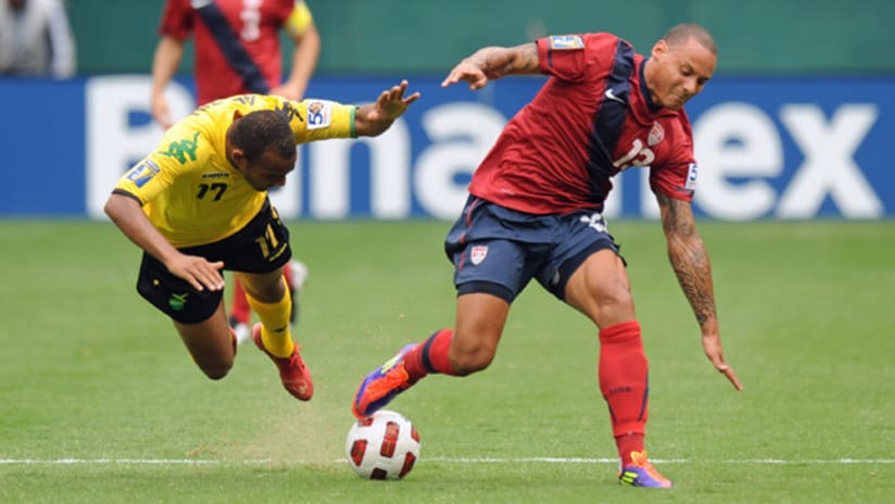 The US' Jermaine Jones battles for possession against Jamaica during the CONCACAF Gold Cup this summer.