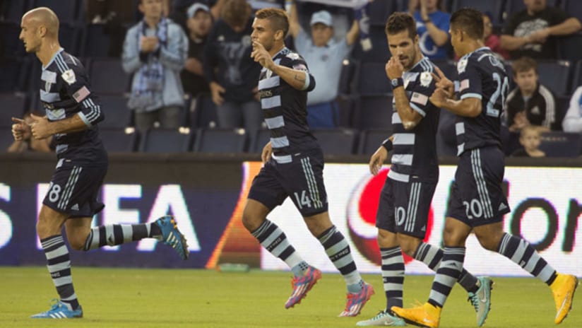 Sporting KC celebrate a goal vs. Saprissa in the CONCACAF Champions League