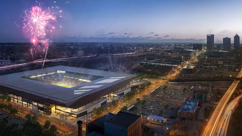 New Columbus Crew stadium - Sept. 2019 renderings - downtown aerial view