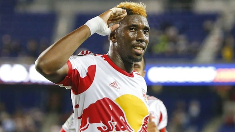 Saer Sene celebrates a goal in the CCL for the New York Red Bulls