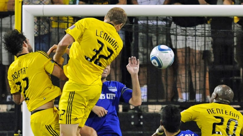 Adam Moffat and brother-in-law Steven Lenhart collide as they attempt to eek out a Crew equalizer.