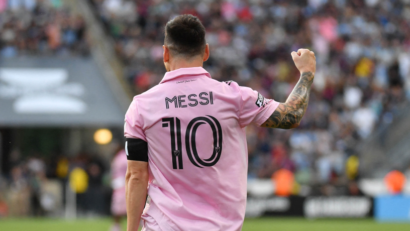 Inter Miami CF forward Lionel Messi (10) celebrates after scoring a goal against the Philadelphia Union during the first half at Subaru Park