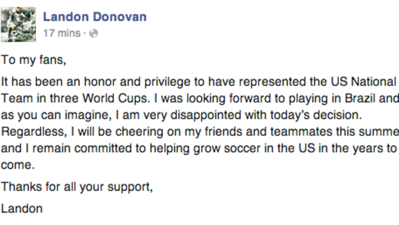 Landon Donovan releases statement about World Cup exclusion via Facebook -