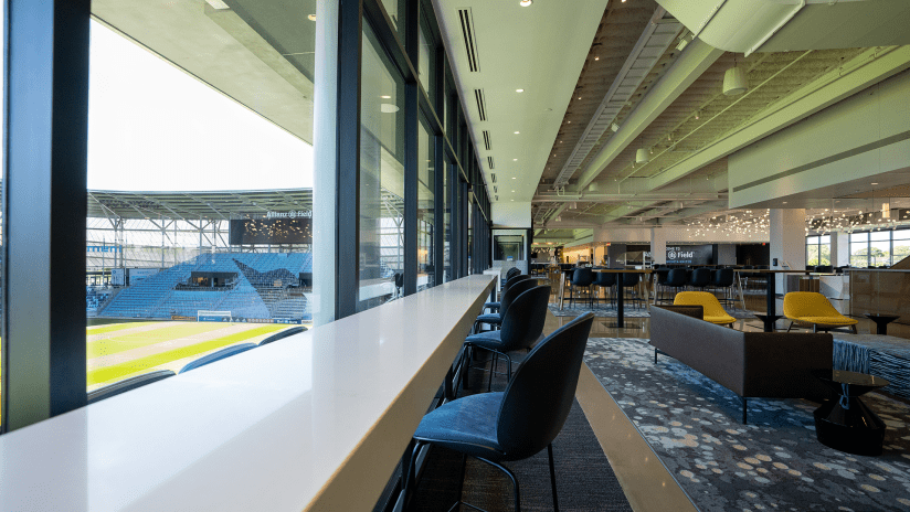 Seating by the window inside the Stadium Club