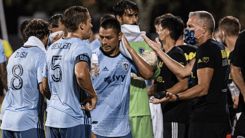 Peter Vermes with players on sideline - Sporting KC vs. Colorado Rapids - July 17, 2020