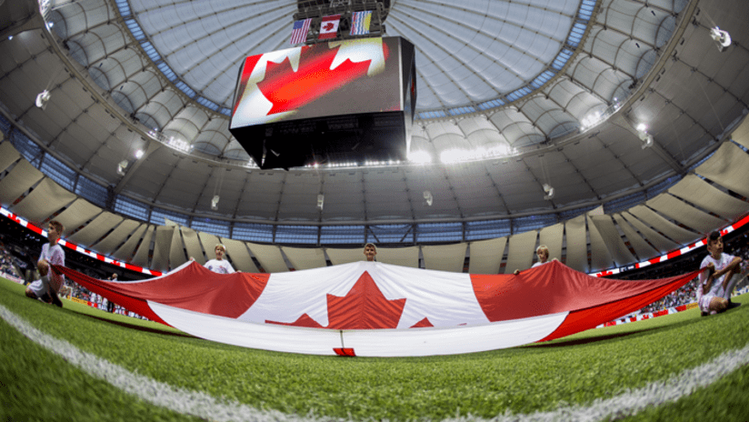 Canada flag BC Place pitch scoreboard