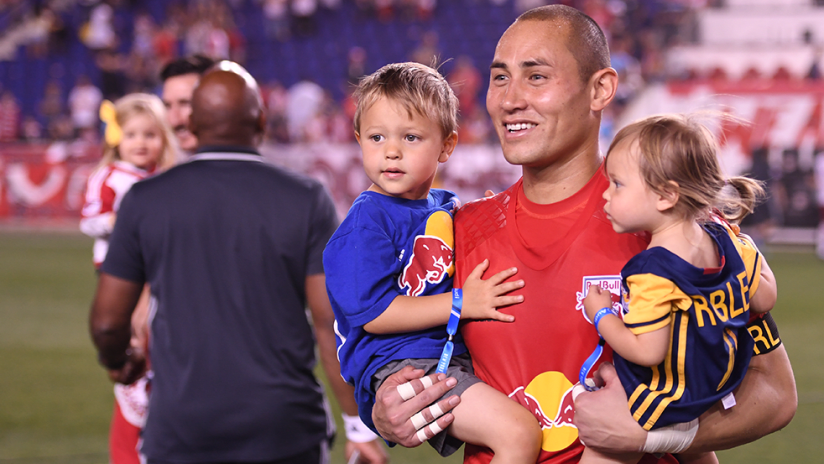 Luis Robles - New York Red Bulls - holding his two children on Fathers Day 2016