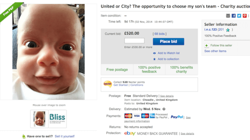eBay auction selling newborn's future support of Premier League clubs