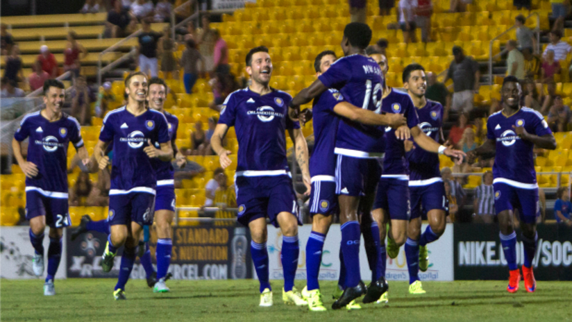 Orlando City SC celebrate after winning a penalty shootout against Charleston Battery, 2015 US Open Cup