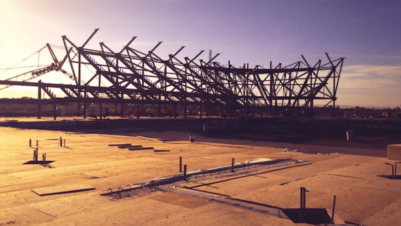 San Jose Earthquakes stadium under construction during sunset