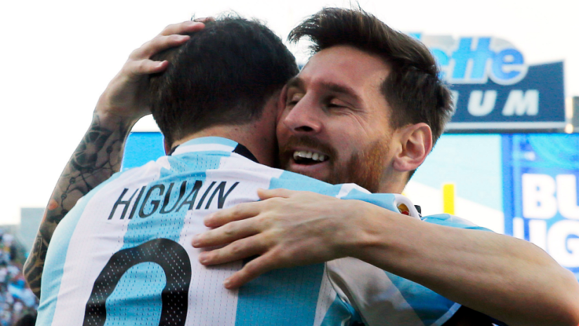 Gonzal Higuain and Leo Messi - Argentina - celebration goal vs. Venezuela