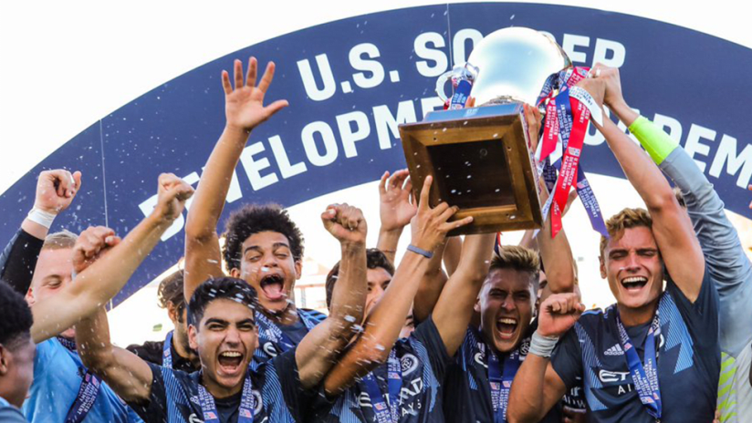 New York City FC - U-18/19 academy team - hoisting 2019 Development Academy championship trophy