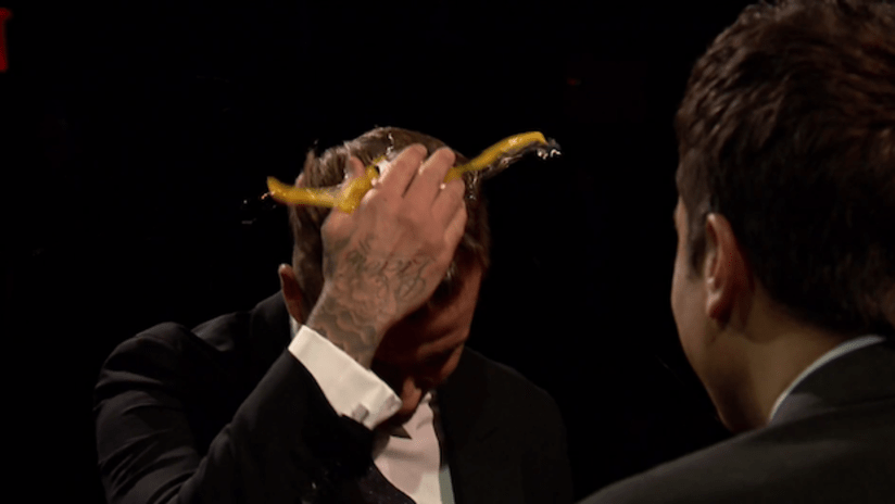David Beckham smashes an egg on his head on Late Night with Jimmy Fallon