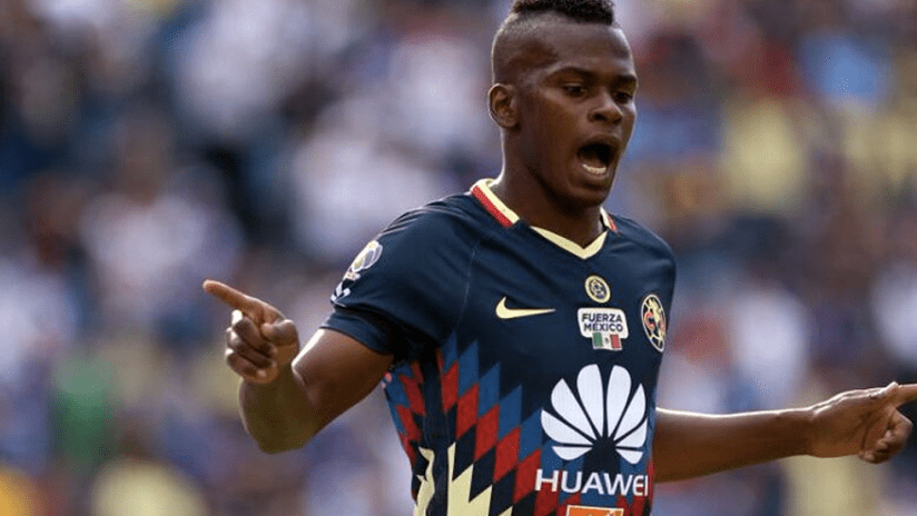 Darwin Quintero - playing for Club America - arms out, mouth open