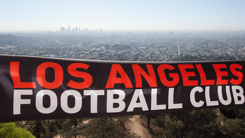 Los Angeles Football Club (LAFC) scarf with downtown Los Angeles in background