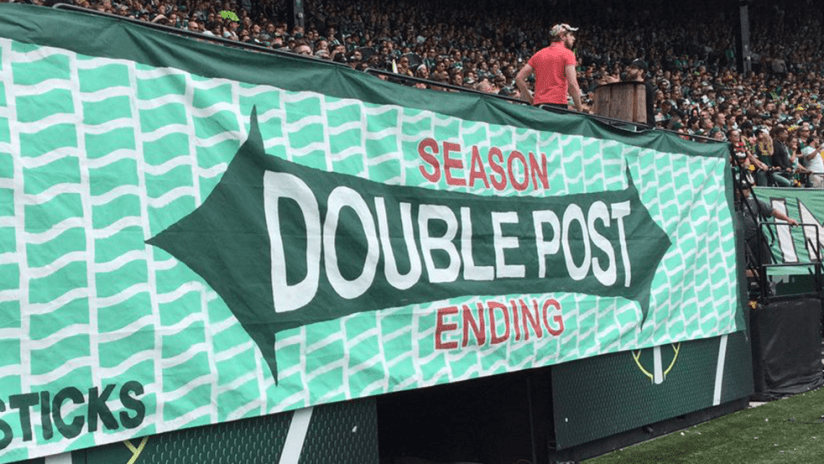 Timbers Army sign - "Double Post" tifo" - teasing SKC