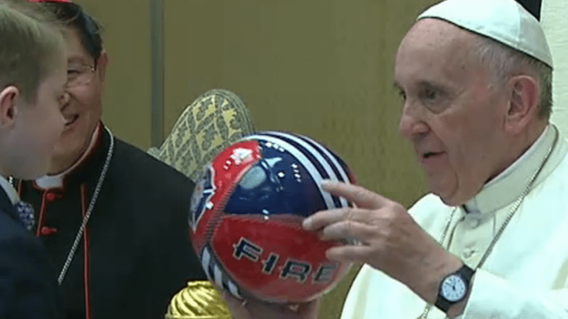 Pope Francis presented with a Chicago Fire soccer ball