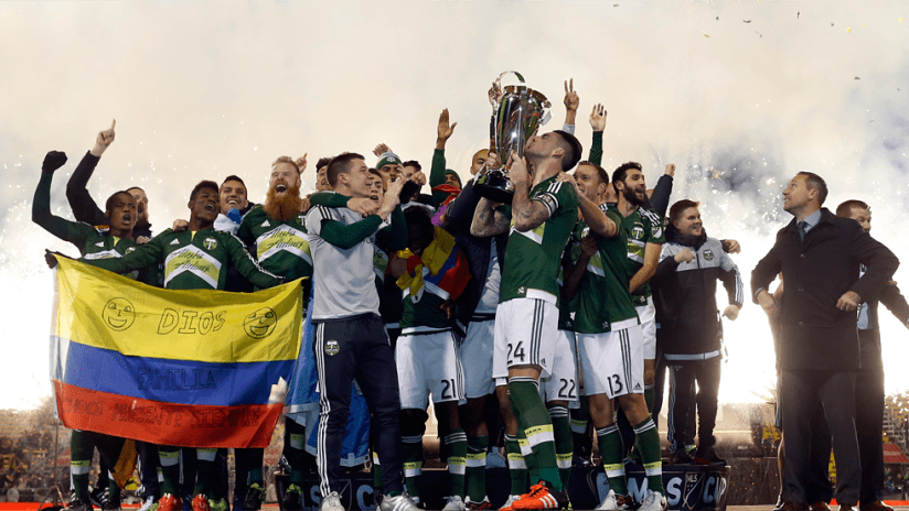 MLS Cup - 2015 - Timbers celebrate with trophy and fireworks