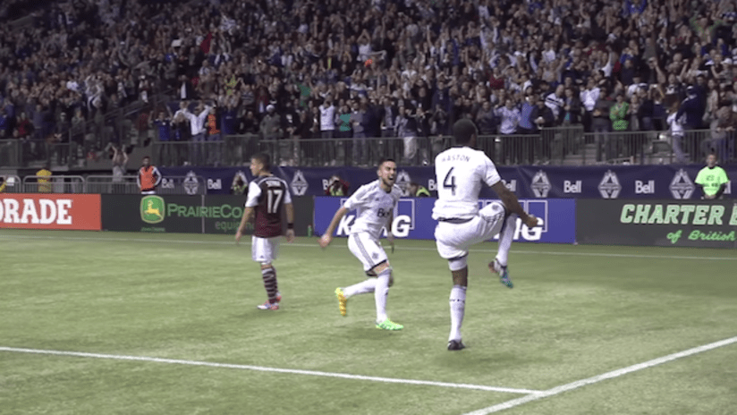 Vancouver Whitecaps' Kendall Waston and Pedro Morales celebrate playoff-clinching goal