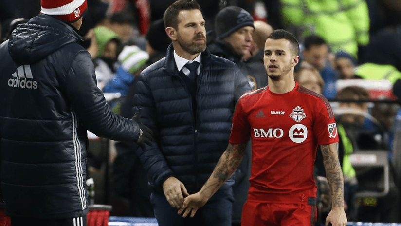 Sebastian Giovinco - Toronto FC - with Greg Vanney after being substitute in MLS Cup