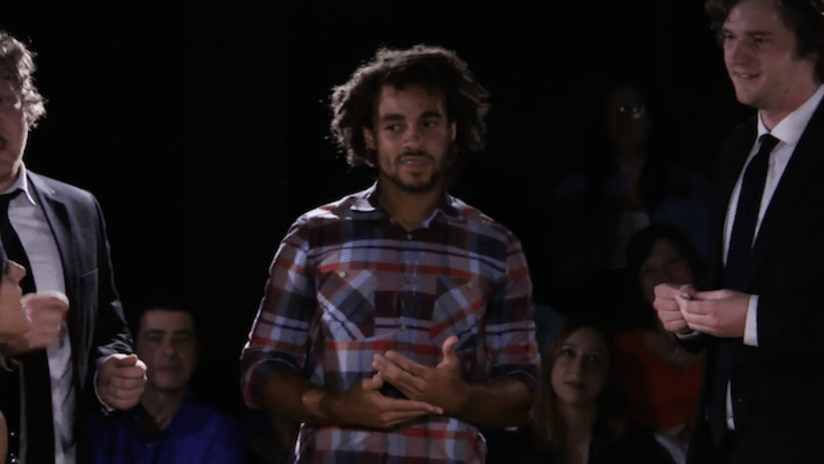 New England Revolution's Kevin Alston on stage during improv comedy debut