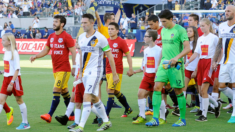 New York Red Bulls - walkout in LA - wearing "Two Teams One Voice" shirts
