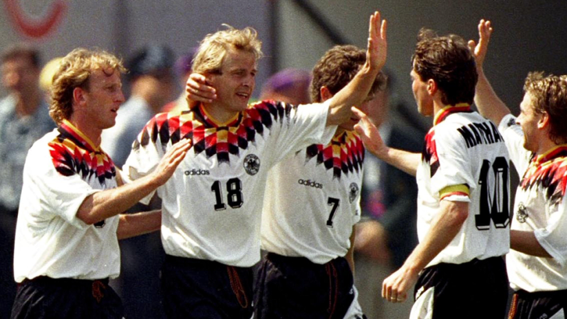 Jurgen Klinsmann - with Germany at the 1994 World Cup - celebrating his goal at Soldier Field