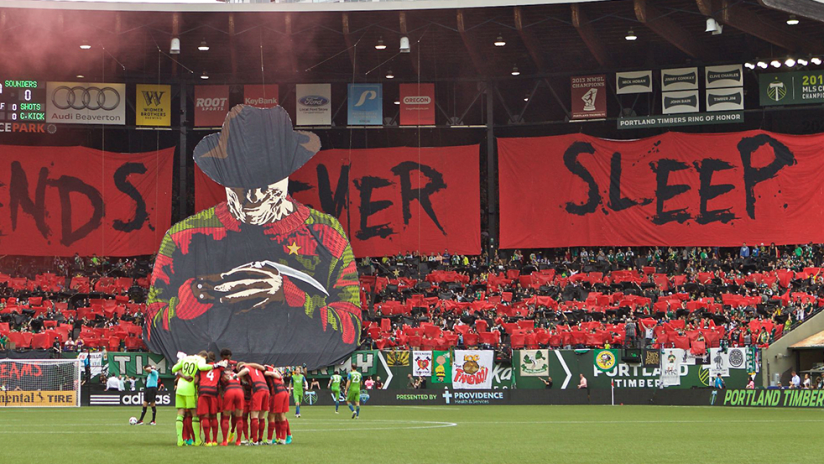 Timbers Army tifo - "Legends never sleep" - before PORvSEA, 17 July 2016