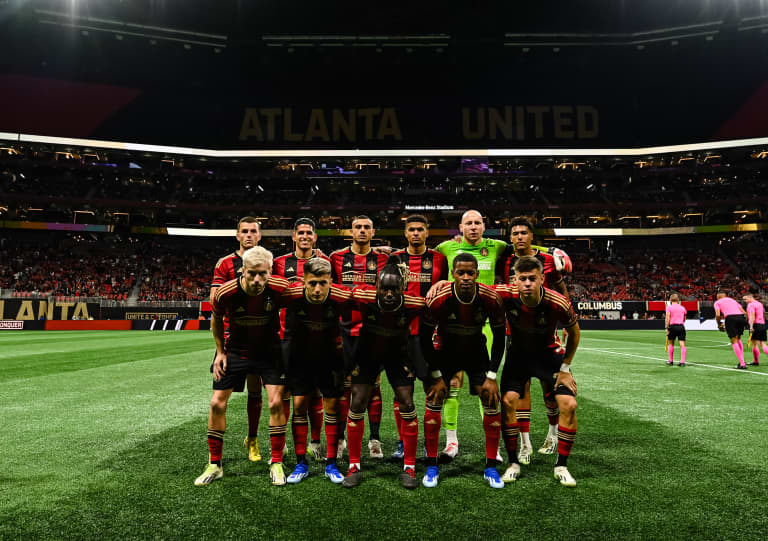 Starting XI pose prior to the match against Columbus Crew at Mercedes-Benz Stadium in Atlanta, GA on Saturday, October 7, 2023. (Photo by Mitch Martin/Atlanta United)
