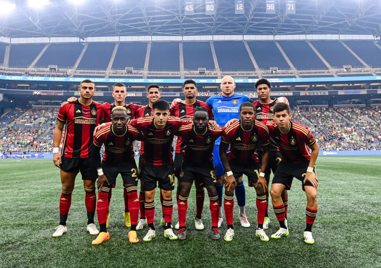 Starting XI pose prior to the match against Seattle Sounders FC at Lumen Field in Seattle, WA on Sunday, August 20, 2023. (Photo by Mitch Martin/Atlanta United)