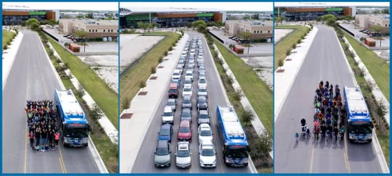 On left: 50 people. Center: 50 cars. On right: 50 bicycles.