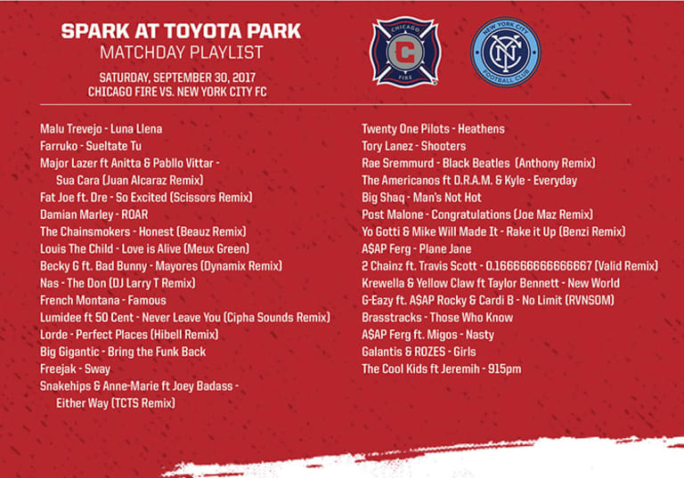 Spark at Toyota Park Matchday Playlist | #CHIvNYC | Sept. 30, 2017 -