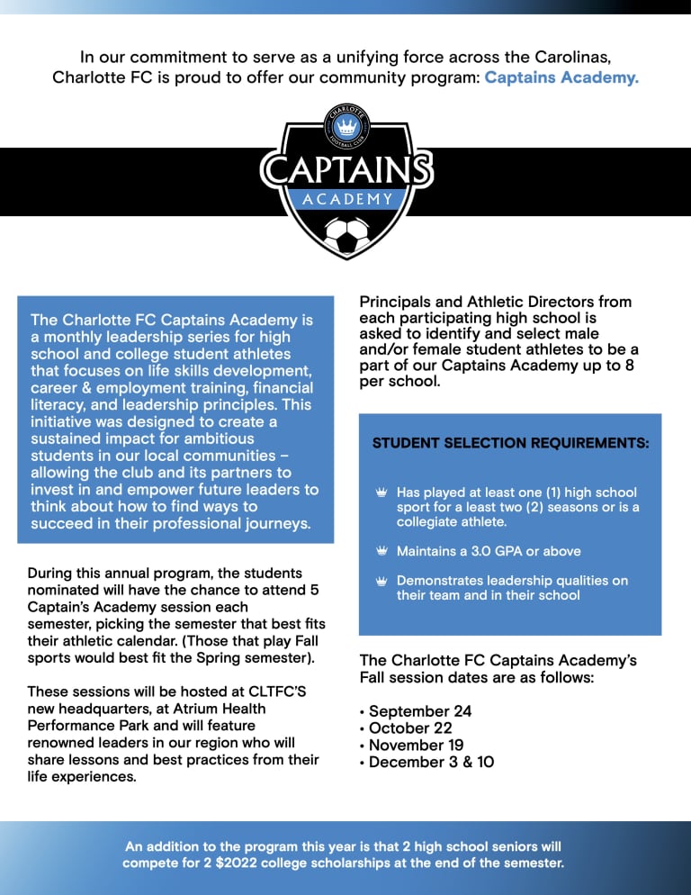 In our commitment to serve as a unifying force across the Carolinas, Charlotte FC is proud to offer our community program: Captains Academy.
